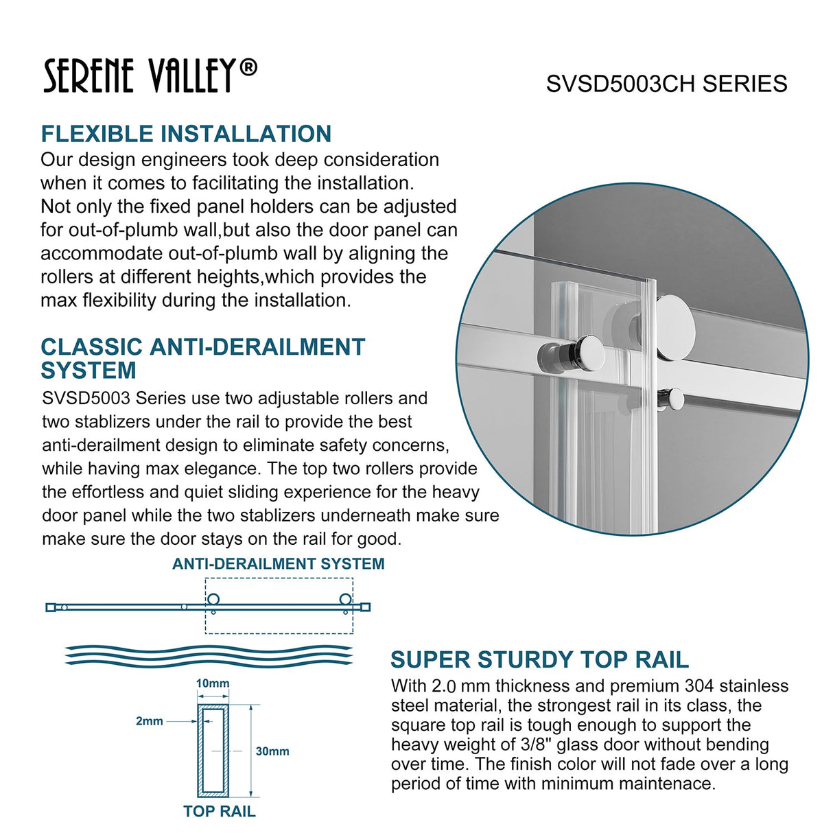 Serene Valley Square Rail Frameless Sliding Shower Door SVSD5003 - 7274CH, Easy - Clean Coating 3/8" Tempered Glass - 304 Stainless Steel Hardware in Chrome 68" - 72"W x 74"H - Serene Valley