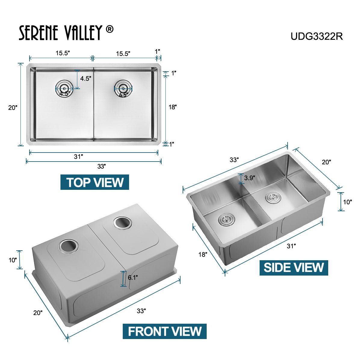 Serene Valley Stainless Steel Kitchen Sink, 33 - inch Undermount, Double Bowl with Unique Thin Divider, Heavy - Duty Grids UDG3322R - Serene Valley