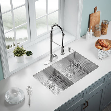 Serene Valley Stainless Steel Kitchen Sink, 33 - inch Undermount, Double Bowl with Unique Thin Divider, Heavy - Duty Grids UDG3322R - Serene Valley