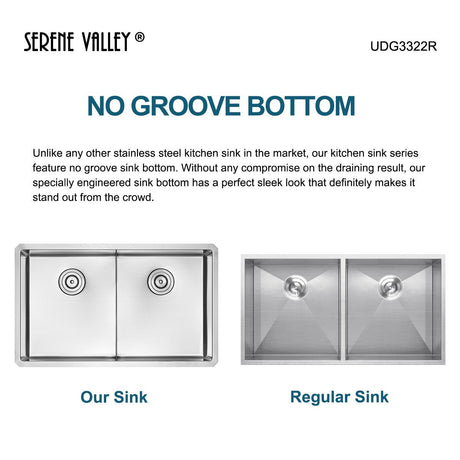 Serene Valley Stainless Steel Kitchen Sink, 33 - inch Undermount, Double Bowl with Unique Thin Divider, Heavy - Duty Grids UDG3322R - Serene Valley