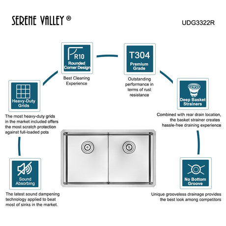 Serene Valley Stainless Steel Kitchen Sink, 33 - inch Undermount, Double Bowl with Unique Thin Divider, Heavy - Duty Grids UDG3322R - Serene Valley