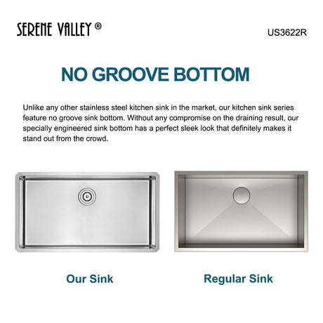 Serene Valley Stainless Steel Kitchen Sink, 36 - inch Single - Bowl Undermount with No Groove Bottom, Heavy - Duty Grid US3622R - Serene Valley