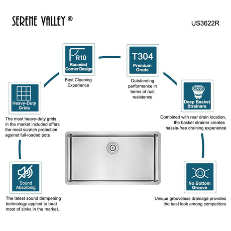 Serene Valley Stainless Steel Kitchen Sink, 36 - inch Single - Bowl Undermount with No Groove Bottom, Heavy - Duty Grid US3622R - Serene Valley