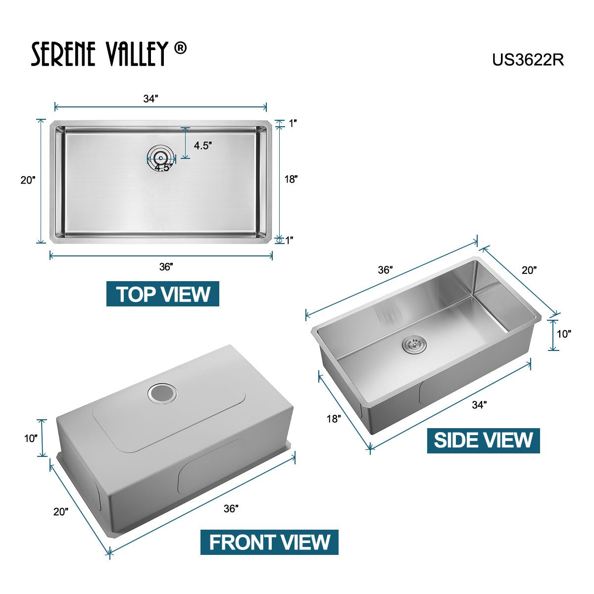 Serene Valley Stainless Steel Kitchen Sink, 36 - inch Single - Bowl Undermount with No Groove Bottom, Heavy - Duty Grid US3622R - Serene Valley