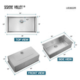 Serene Valley Stainless Steel Kitchen Sink, 36 - inch Single - Bowl Undermount with No Groove Bottom, Heavy - Duty Grid US3622R - Serene Valley