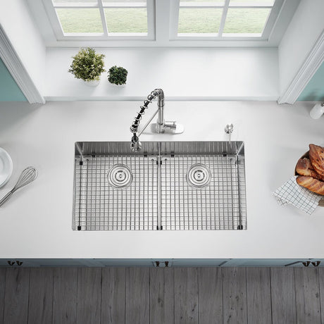 Serene Valley Stainless Steel Kitchen Sink, 36 - inch Undermount, Double Bowl with Unique Thin Divider, Heavy - Duty Grids UDG3622R - Serene Valley