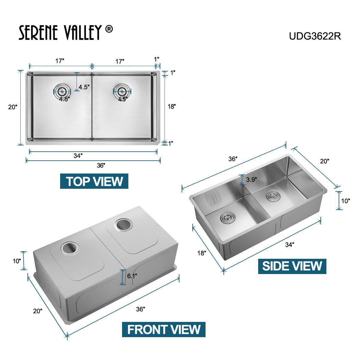 Serene Valley Stainless Steel Kitchen Sink, 36 - inch Undermount, Double Bowl with Unique Thin Divider, Heavy - Duty Grids UDG3622R - Serene Valley