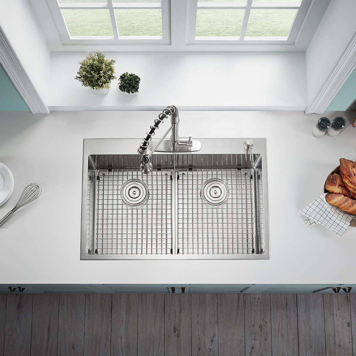 Serene Valley Stainless Steel Kitchen Sink,33 - inch Thick Deck Dual Mount, Double Bowl with Unique Thin Divider, Heavy - Duty Grids DDG3322R - Serene Valley