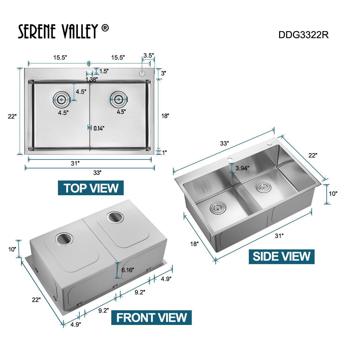 Serene Valley Stainless Steel Kitchen Sink,33 - inch Thick Deck Dual Mount, Double Bowl with Unique Thin Divider, Heavy - Duty Grids DDG3322R - Serene Valley