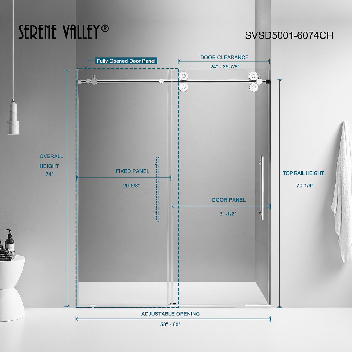 Serene Valley SVSD5001 - 6074CH Big Roller Frameless Sliding Shower Door - Superclear 3/8" Tempered Glass - 304 Stainless Steel Hardware in Chrome 56" - 60"W x 74"H - Serene Valley