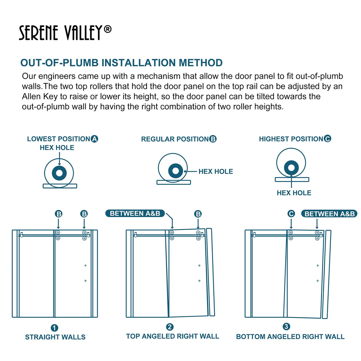 Serene Valley SVSD5001 - 6074CH Big Roller Frameless Sliding Shower Door - Superclear 3/8" Tempered Glass - 304 Stainless Steel Hardware in Chrome 56" - 60"W x 74"H - Serene Valley