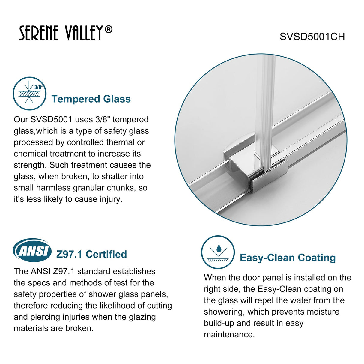 Serene Valley SVSD5001 - 6074CH Big Roller Frameless Sliding Shower Door - Superclear 3/8" Tempered Glass - 304 Stainless Steel Hardware in Chrome 56" - 60"W x 74"H - Serene Valley