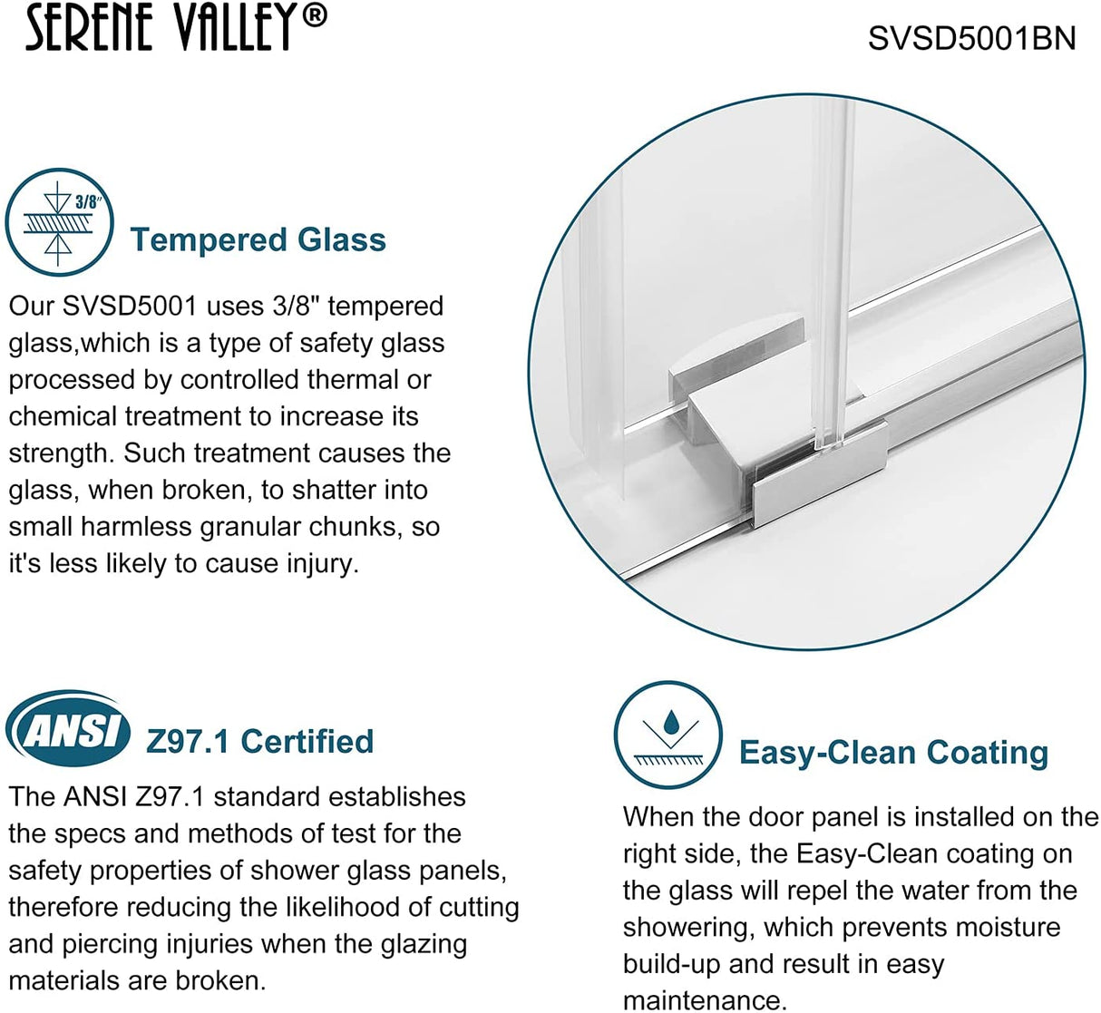 Serene Valley SVSD5001 - 6874BN Big Roller Frameless Sliding Shower Door - Superclear 3/8" Tempered Glass - 304 Stainless Steel Hardware in Brushed Nickel 64" - 68"W x 74"H - Serene Valley