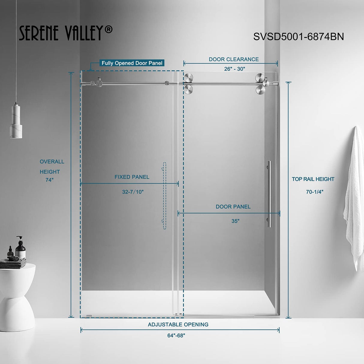 Serene Valley SVSD5001 - 6874BN Big Roller Frameless Sliding Shower Door - Superclear 3/8" Tempered Glass - 304 Stainless Steel Hardware in Brushed Nickel 64" - 68"W x 74"H - Serene Valley