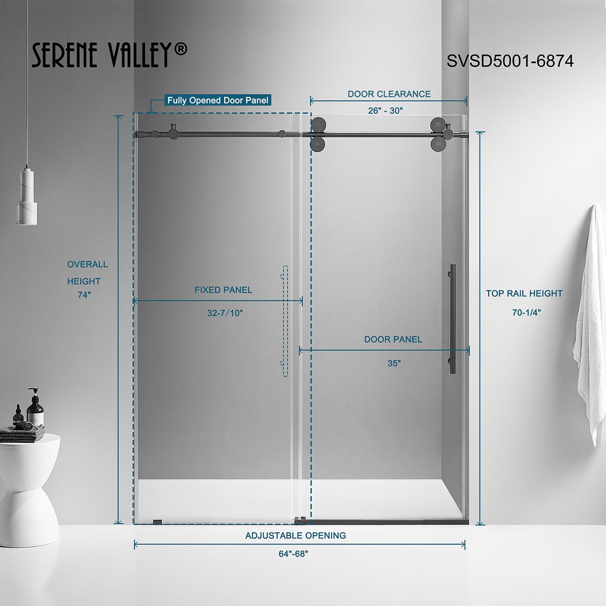 Serene Valley SVSD5001 - 6874MB Big Roller Frameless Sliding Shower Door - Superclear 3/8" Tempered Glass - 304 Stainless Steel Hardware in Matte Black 64" - 68"W x 74"H - Serene Valley