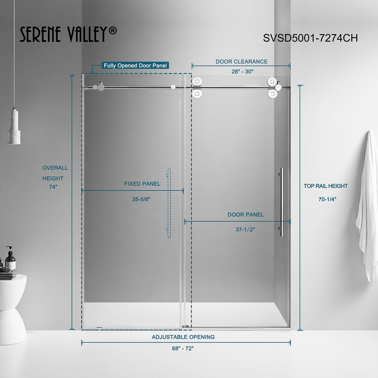 Serene Valley SVSD5001 - 7274CH Big Roller Frameless Sliding Shower Door - Superclear 3/8" Tempered Glass - 304 Stainless Steel Hardware in Chrome 68" - 72"W x 74"H - Serene Valley