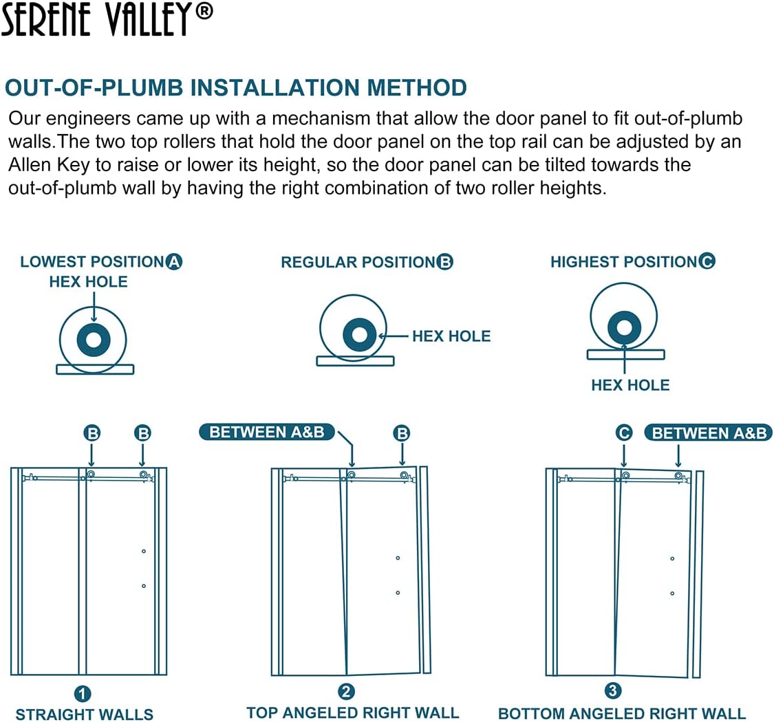 Serene Valley SVSD5002 - 4876BN Big Roller Frameless Sliding Shower Door - Superclear 3/8" Tempered Glass - 304 Stainless Steel Hardware in Brushed Nickel 44" - 48"W x 76"H - Serene Valley