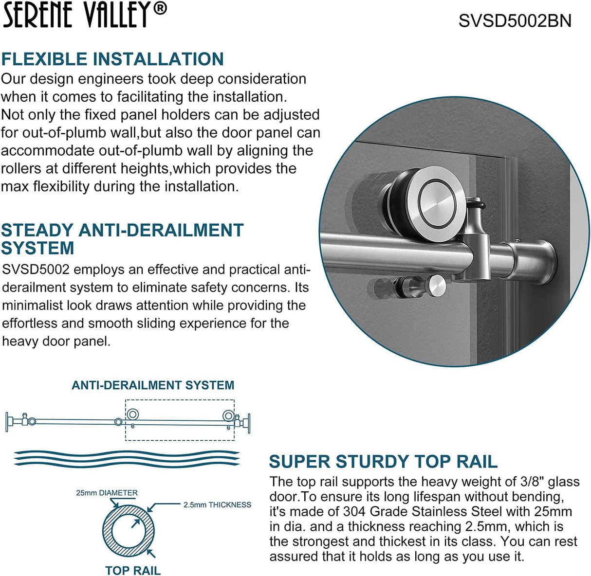 Serene Valley SVSD5002 - 4876BN Big Roller Frameless Sliding Shower Door - Superclear 3/8" Tempered Glass - 304 Stainless Steel Hardware in Brushed Nickel 44" - 48"W x 76"H - Serene Valley