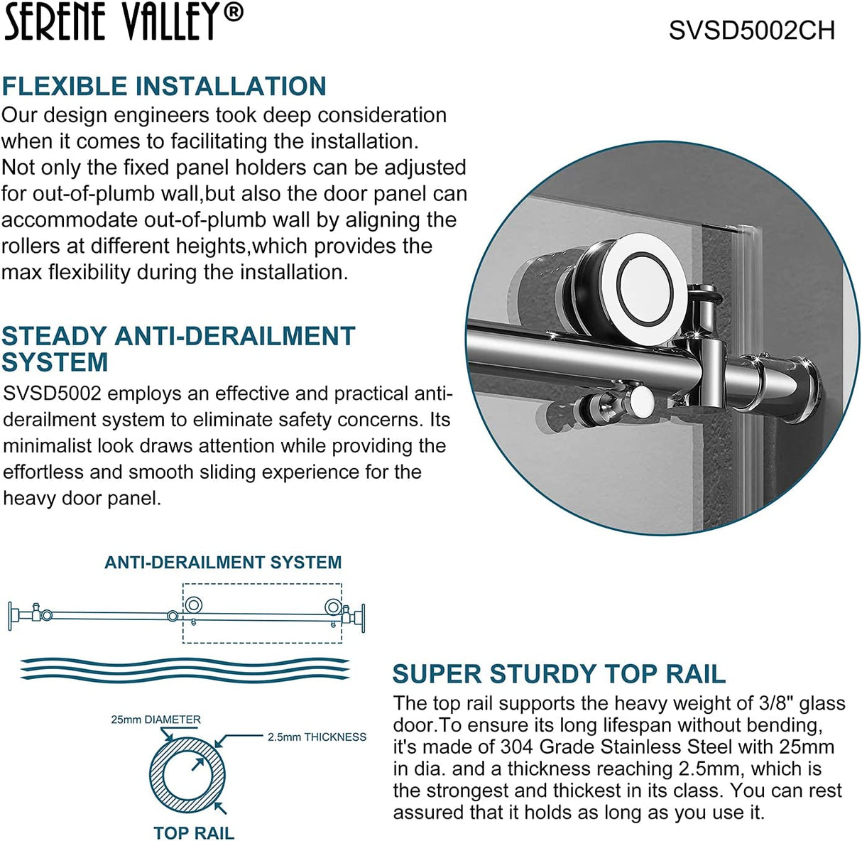 Serene Valley SVSD5002 - 4876CH Big Roller Frameless Sliding Shower Door - Superclear 3/8" Tempered Glass - 304 Stainless Steel Hardware in Chrome 44" - 48"W x 76"H - Serene Valley