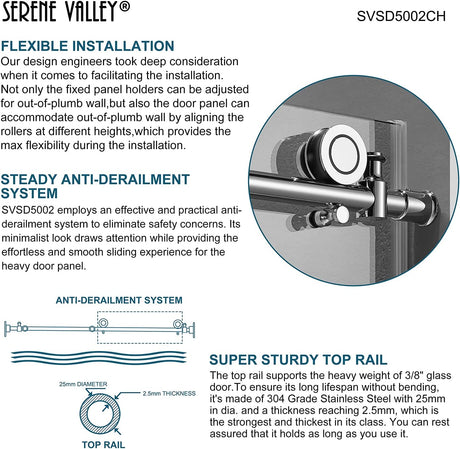 Serene Valley SVSD5002 - 4876CH Big Roller Frameless Sliding Shower Door - Superclear 3/8" Tempered Glass - 304 Stainless Steel Hardware in Chrome 44" - 48"W x 76"H - Serene Valley