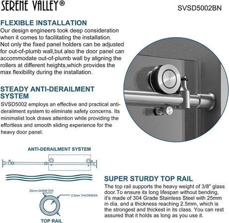 Serene Valley SVSD5002 - 5276BN Big Roller Frameless Sliding Shower Door - Superclear 3/8" Tempered Glass - 304 Stainless Steel Hardware in Brushed Nickel 48" - 52"W x 76"H - Serene Valley