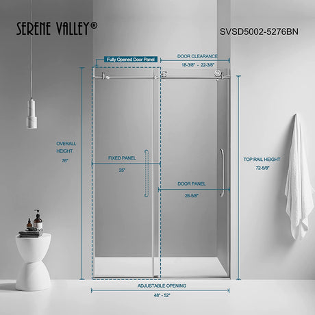 Serene Valley SVSD5002 - 5276BN Big Roller Frameless Sliding Shower Door - Superclear 3/8" Tempered Glass - 304 Stainless Steel Hardware in Brushed Nickel 48" - 52"W x 76"H - Serene Valley