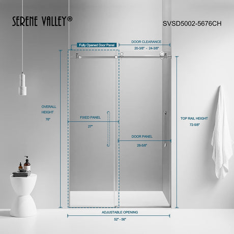 Serene Valley SVSD5002 - 5676CH Big Roller Frameless Sliding Shower Door - Superclear 3/8" Tempered Glass - 304 Stainless Steel Hardware in Chrome 52" - 56"W x 76"H - Serene Valley