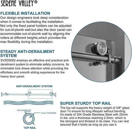 Serene Valley SVSD5002 - 6876MB Big Roller Frameless Sliding Shower Door - Superclear 3/8" Tempered Glass - 304 Stainless Steel Hardware in Matte Black 64" - 68"W x 76"H - Serene Valley