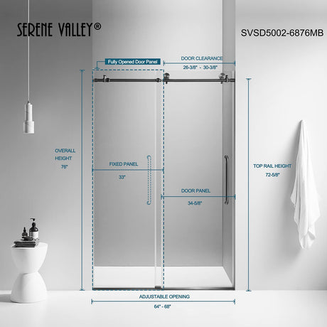 Serene Valley SVSD5002 - 6876MB Big Roller Frameless Sliding Shower Door - Superclear 3/8" Tempered Glass - 304 Stainless Steel Hardware in Matte Black 64" - 68"W x 76"H - Serene Valley