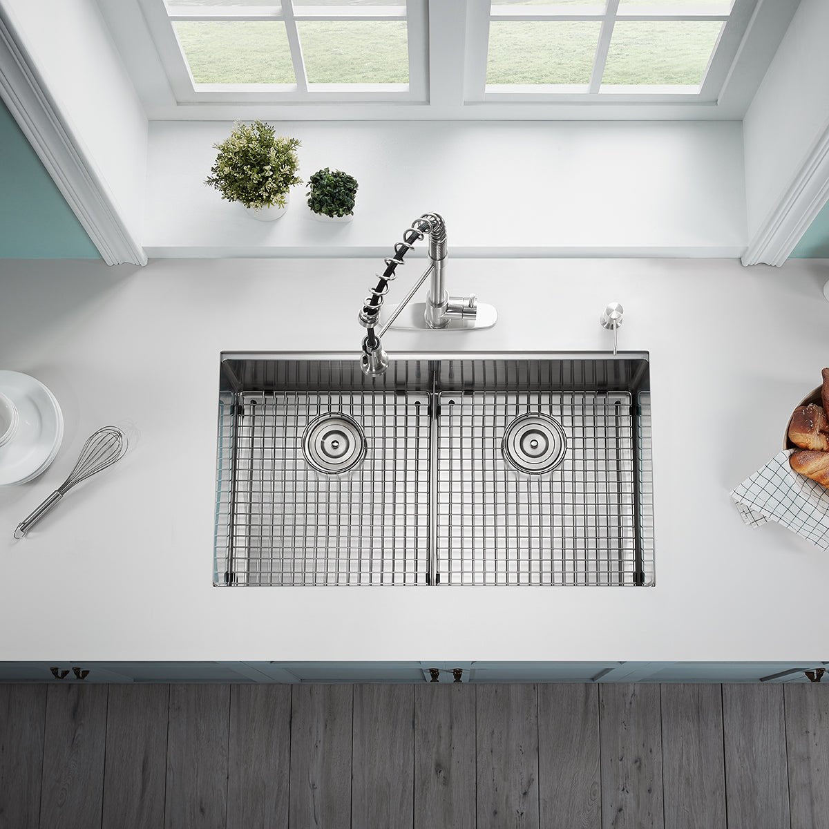 Serene Valley Workstation Kitchen Sink, 36 - inch Double - Bowl Undermount, Cutting Board, Unique Thin Divider and Heavy - Duty Grids UDWG3622R - Serene Valley