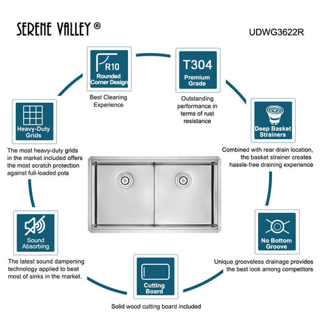 Serene Valley Workstation Kitchen Sink, 36 - inch Double - Bowl Undermount, Cutting Board, Unique Thin Divider and Heavy - Duty Grids UDWG3622R - Serene Valley