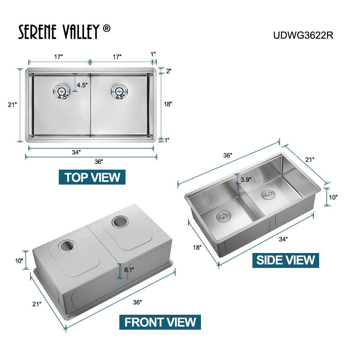 Serene Valley Workstation Kitchen Sink, 36 - inch Double - Bowl Undermount, Cutting Board, Unique Thin Divider and Heavy - Duty Grids UDWG3622R - Serene Valley