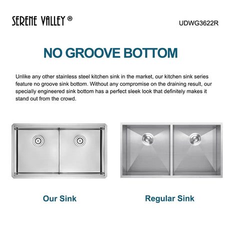 Serene Valley Workstation Kitchen Sink, 36 - inch Double - Bowl Undermount, Cutting Board, Unique Thin Divider and Heavy - Duty Grids UDWG3622R - Serene Valley