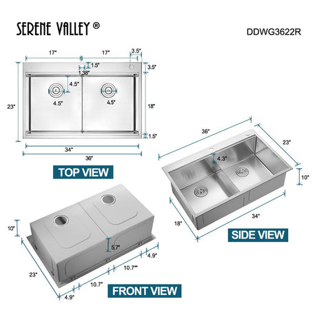 Serene Valley Workstation Kitchen Sink, 36 - inch Thick - Deck Dual Mount, Cutting Board, Unique Thin Divider and Heavy - Duty Grids DDWG3622R - Serene Valley