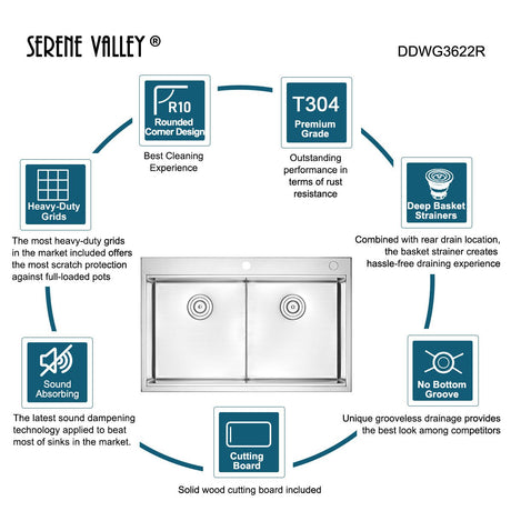 Serene Valley Workstation Kitchen Sink, 36 - inch Thick - Deck Dual Mount, Cutting Board, Unique Thin Divider and Heavy - Duty Grids DDWG3622R - Serene Valley