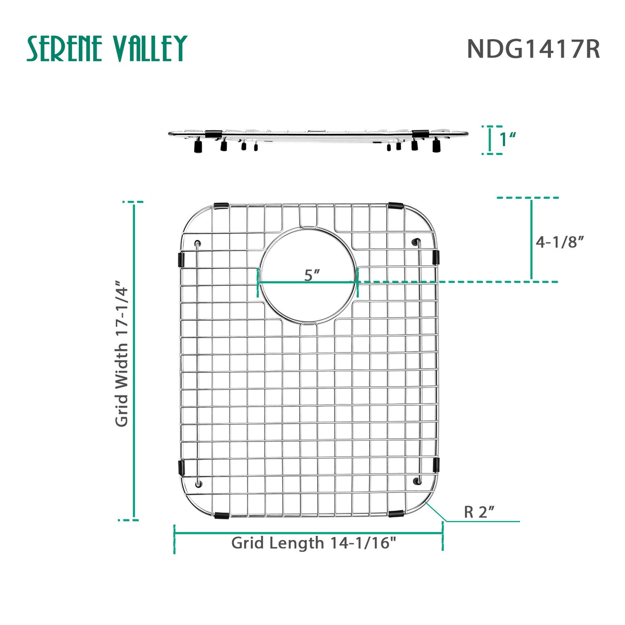 Sink Bottom Grid 14 - 1/16" x 17 - 1/4”, Rear Drain with Corner Radius 2", Sink Protector SVM1417R - Serene Valley