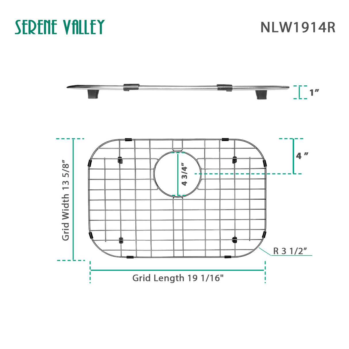 Sink Bottom Grid 19 - 1/16" x 13 - 5/8”, Rear Drain with Corner Radius 3 - 1/2" NLW1914R - Serene Valley