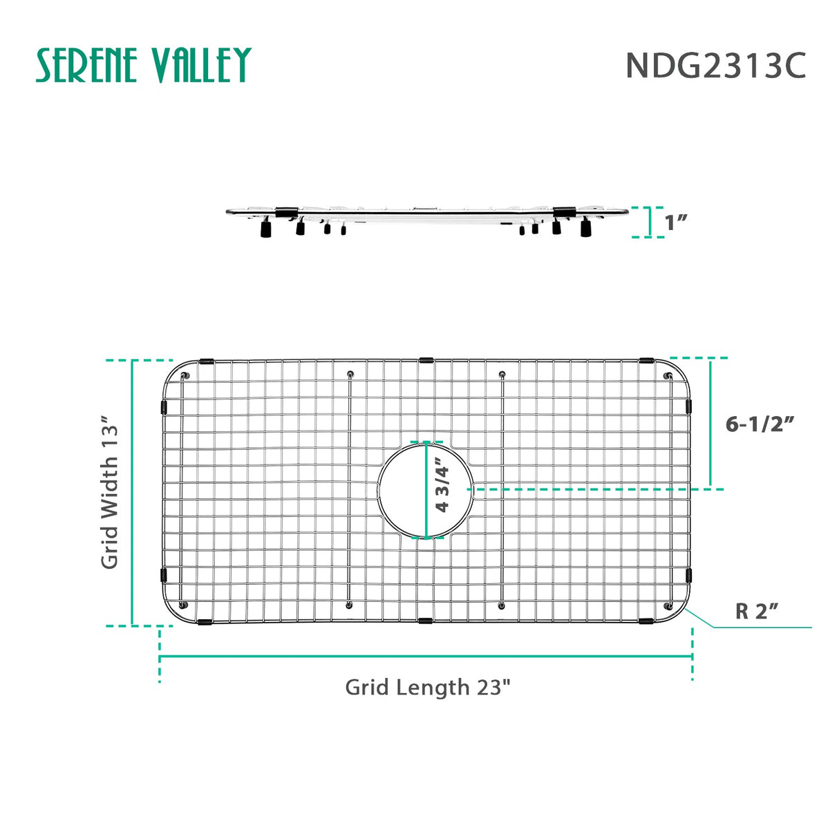 Sink Bottom Grid 23" X 13", Centered Drain with Corner Radius 2", NDG2313C - Serene Valley