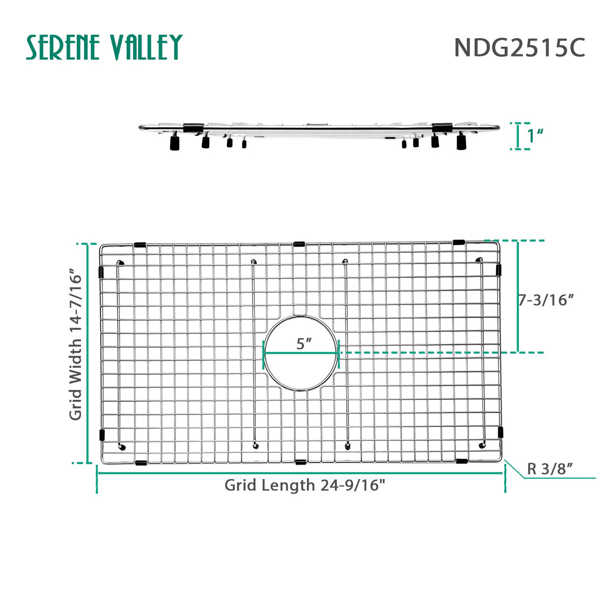 Sink Bottom Grid 24 - 9/16" X 14 - 7/16", Centered Drain with Corner Radius 3/8", Sink Protector NDG2515C - Serene Valley