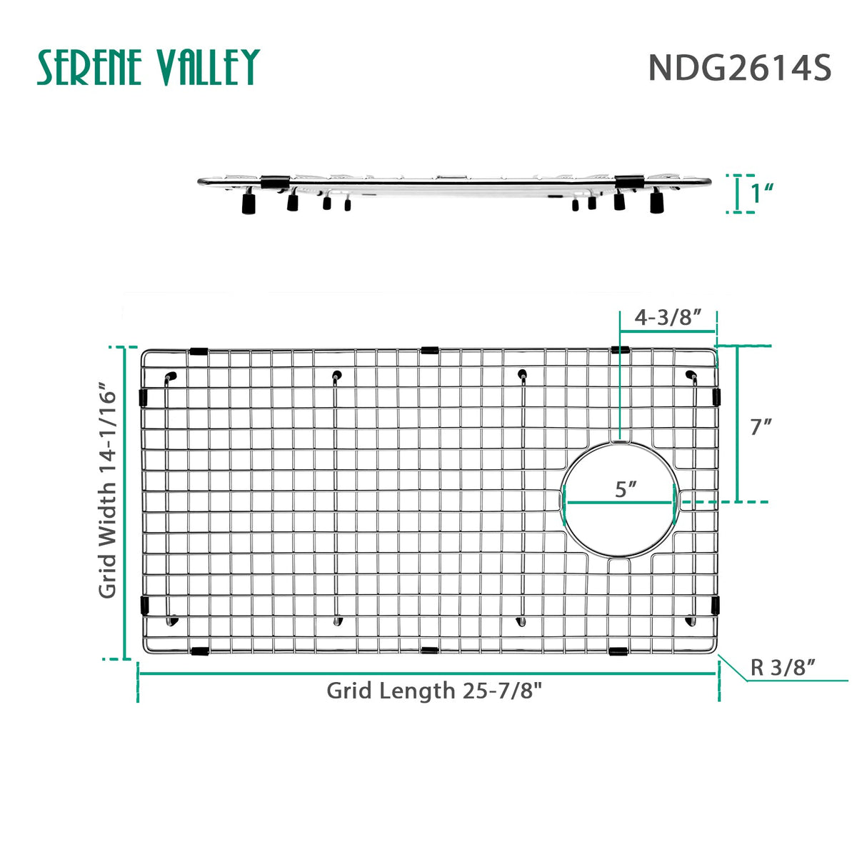 Sink Bottom Grid 25 - 7/8“ X 14 - 1/16", Side Drain with Corner Radius 3/8",SVH2614S - Serene Valley