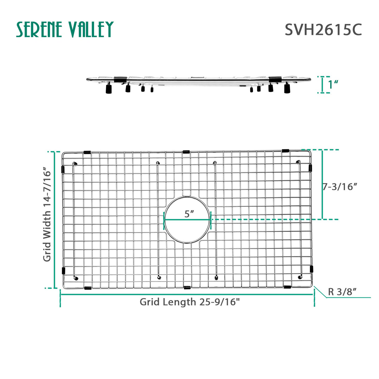 Sink Bottom Grid 25 - 9/16" X 14 - 7/16", Centered Drain with Corner Radius 3/8", Sink Protector SVH2615C - Serene Valley