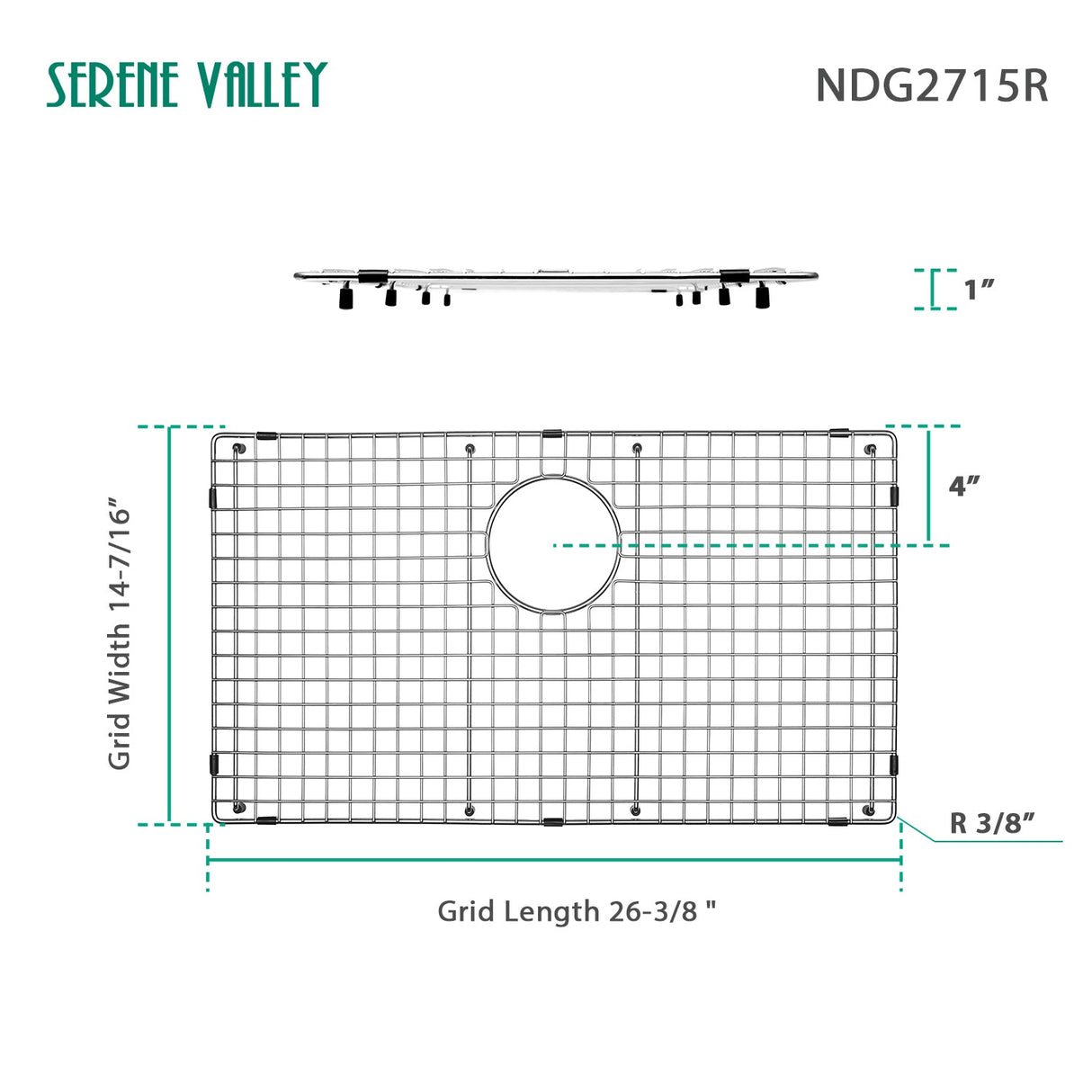 Sink Bottom Grid 26 - 3/8" X 14 - 7/16", Rear Drain with Corner Radius 3/8", Sink Protector NDG2715R - Serene Valley