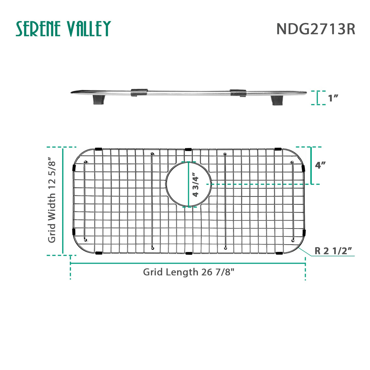 Sink Bottom Grid 26 - 7/8" x 12 - 5/8", Rear Drain with Corner Radius 2 - 1/2", NDG2713R - Serene Valley