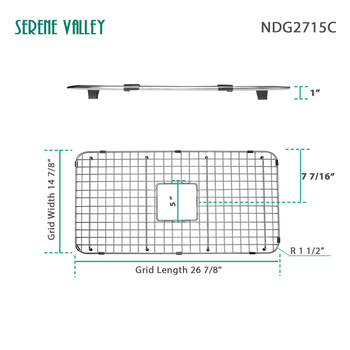 Sink Bottom Grid 26 - 7/8" x 14 - 7/8", Centered Drain with Corner Radius 1 - 1/2" NDG2715C - Serene Valley