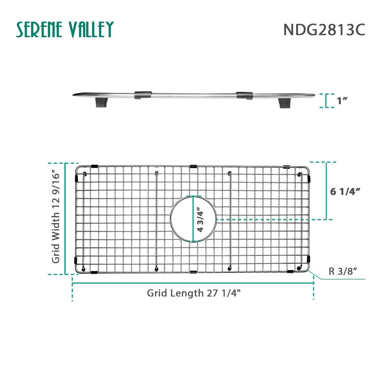 Sink Bottom Grid 27 - 1/4" X 12 - 9/16", Centered Drain with Corner Radius 3/8" NDG2813C - Serene Valley