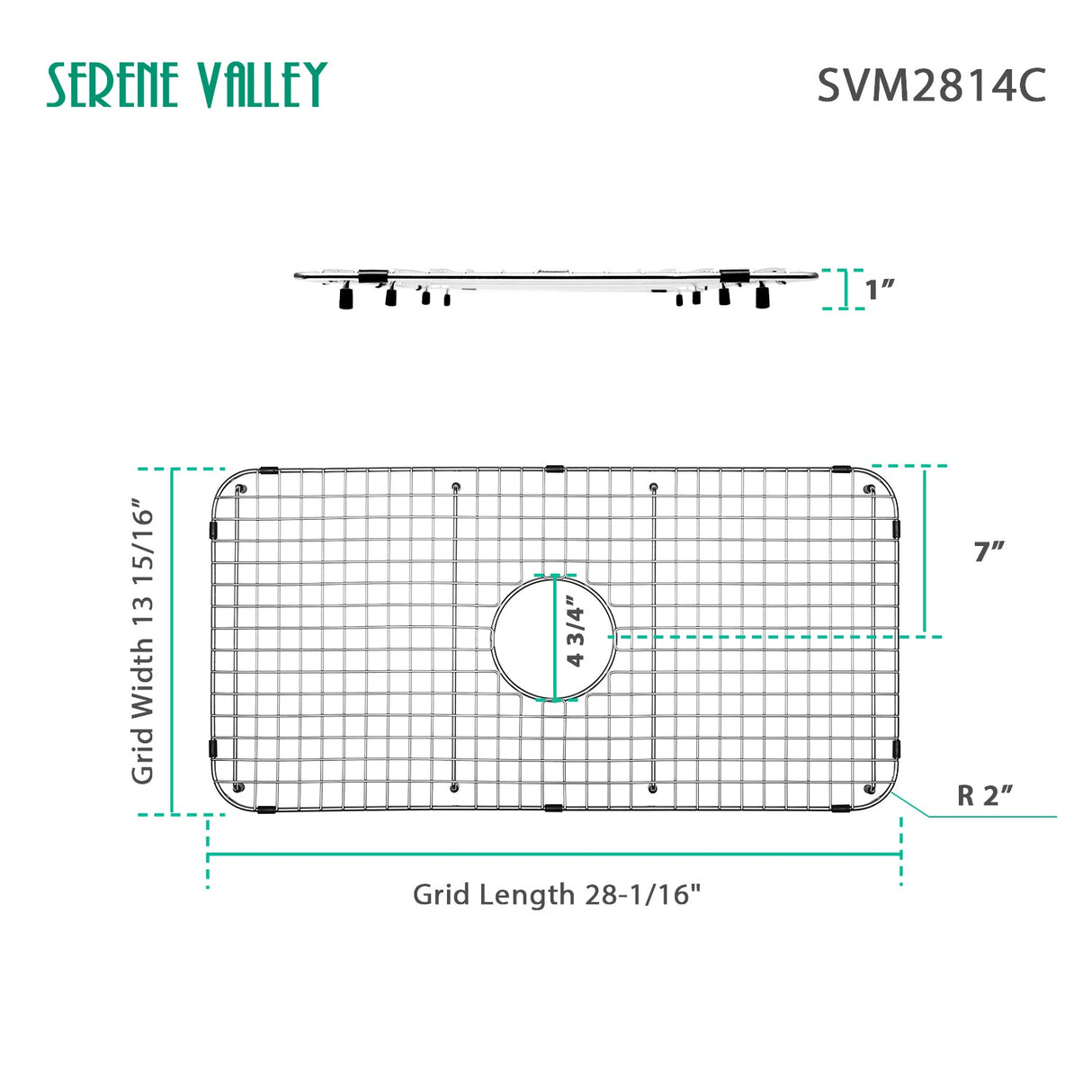 Sink Bottom Grid 28 - 1/16" X 13 - 15/16", Centered Drain with Corner Radius 2", SVM2814C - Serene Valley