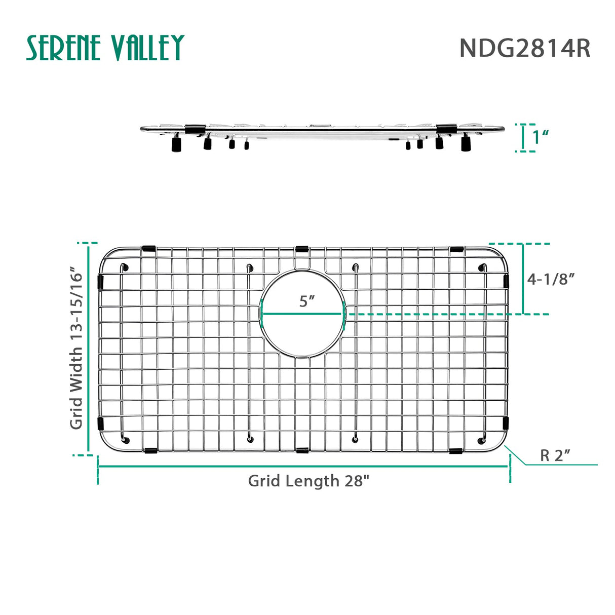 Sink Bottom Grid 28" x 13 - 15/16", Rear Drain with Corner Radius 2", Sink Protector NDG2814R - Serene Valley