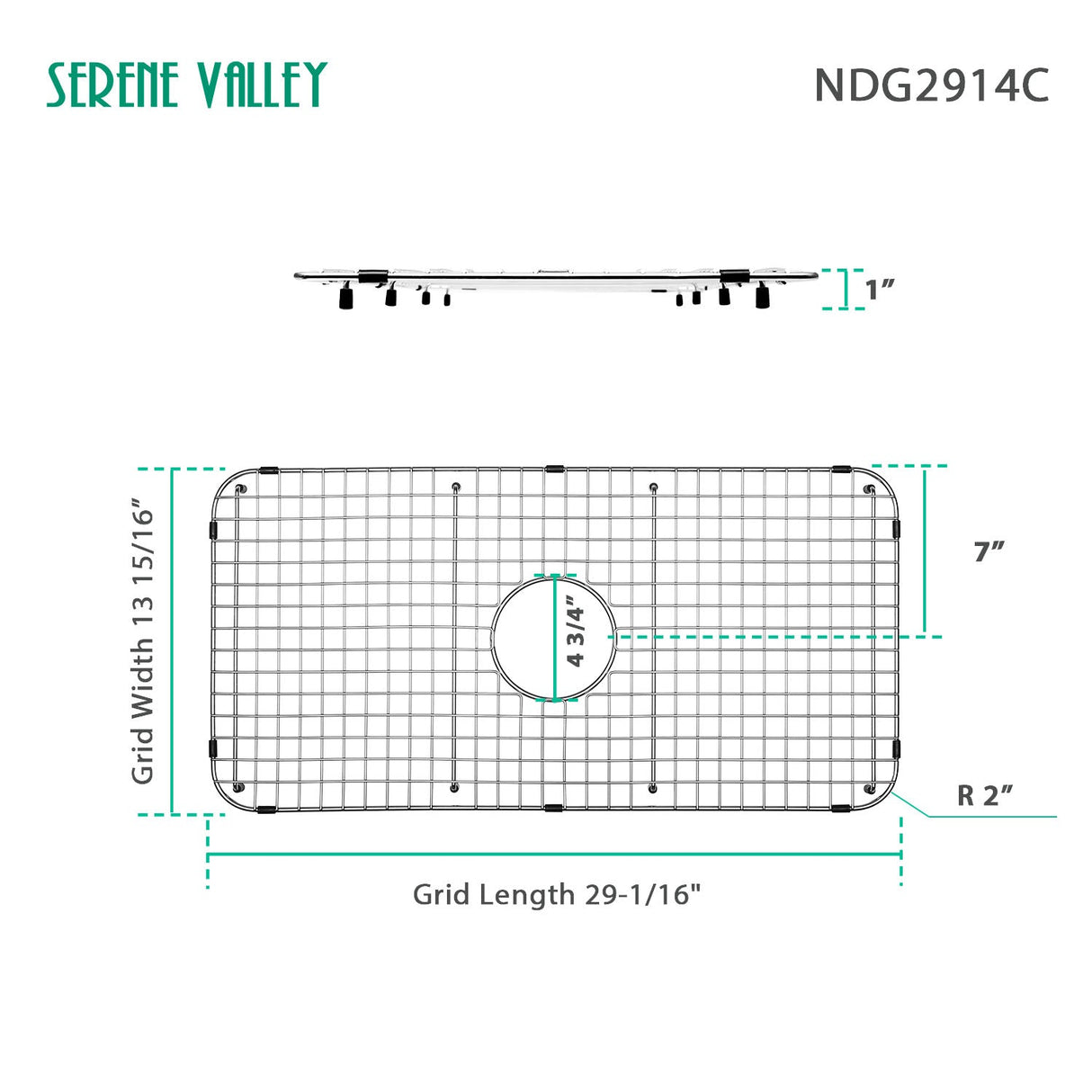 Sink Bottom Grid 29 - 1/16" X 13 - 15/16", Centered Drain with Corner Radius 2", NDG2914C - Serene Valley