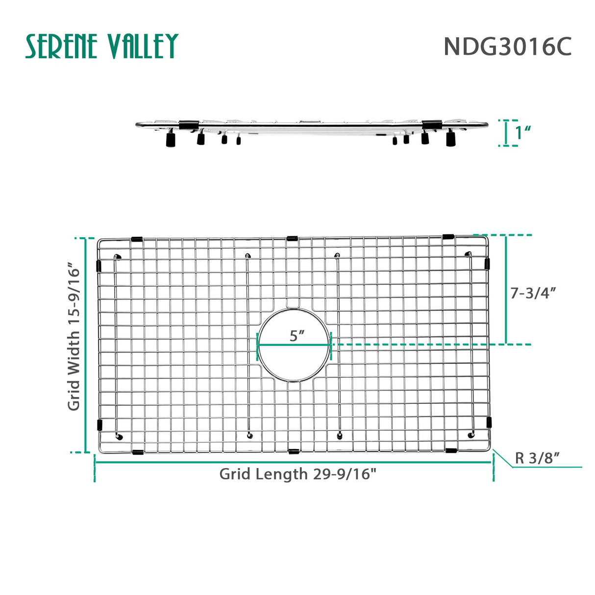 Sink Bottom Grid 29 - 1/2" X 15 - 9/16", Centered Drain with Corner Radius 3/8", Sink Protector NDG3016C - Serene Valley