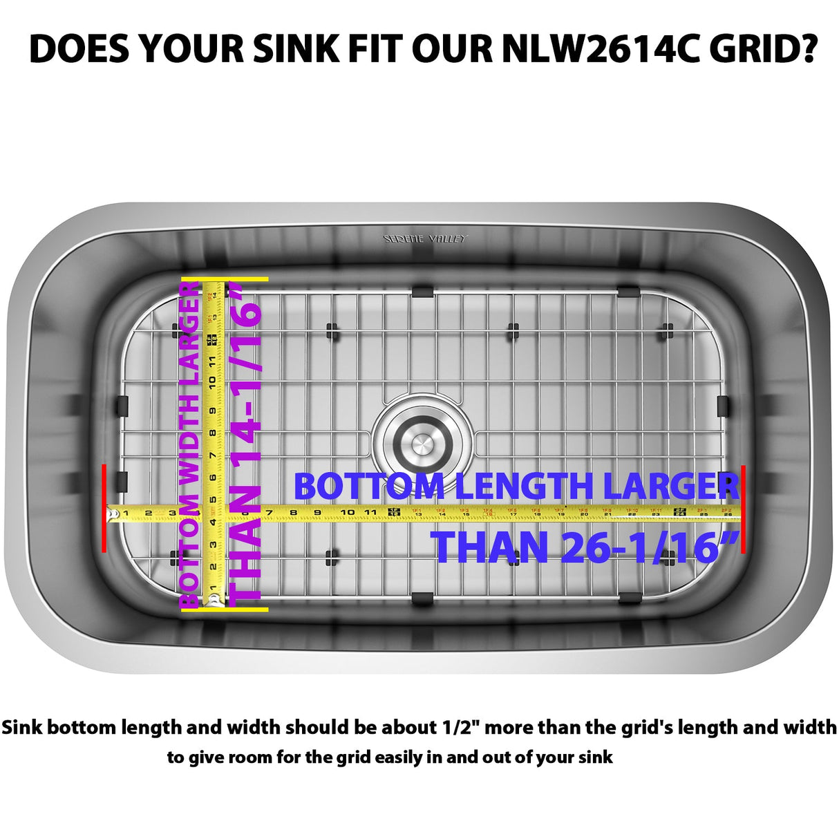 Sink Protector Grid 26 - 1/16" x 14 - 1/16", Centered Drain with Corner Radius 3 - 1/2" NLW2614C - Serene Valley